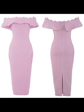 house of ch Off-Shoulder Bodycon Midi Dress in Light Pink Amadeus